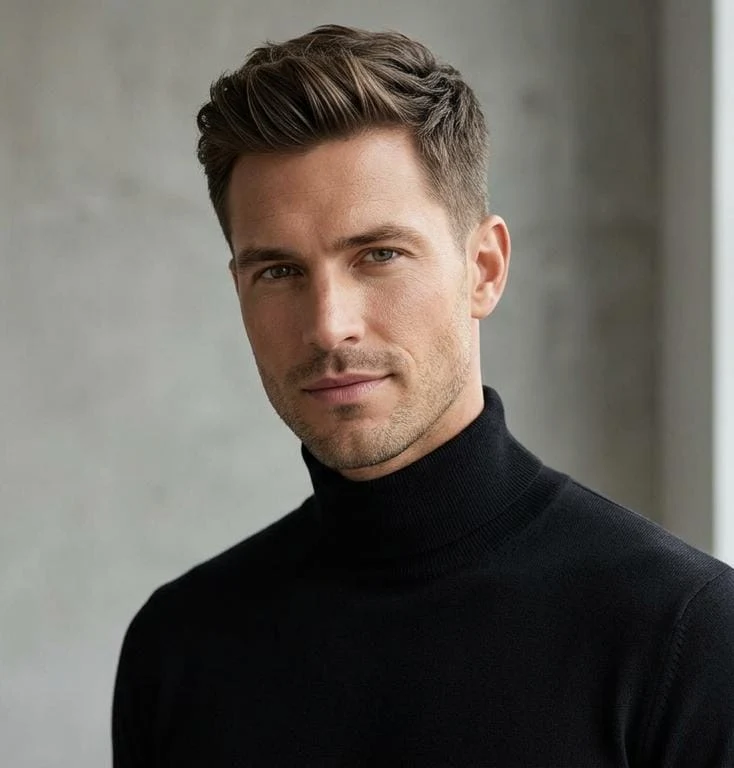 A picture of a man wearing a black t-shirt looking and posing for the camera. He has blonde yet brownish hair, a slight beard, and golden-brown eyes.