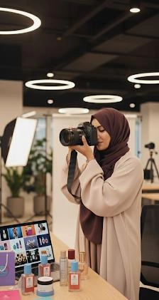 The best digital marketer in Riyadh is holding her camera and shooting the products for her client's brand. She does brilliant work, and every client is happy and satisfied with her work. The products are displayed on the desk, and she places them perfectly to capture the perfect angle.