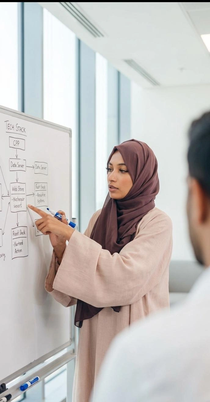 The best digital marketer in Riyadh is pointing towards the whiteboard and explaining the content in the project to her team members.