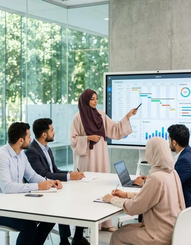 The best digital marketer in Riyadh is presenting her slides to the meeting members. She's pointing towards her slide and explaining the details effectively to the members.