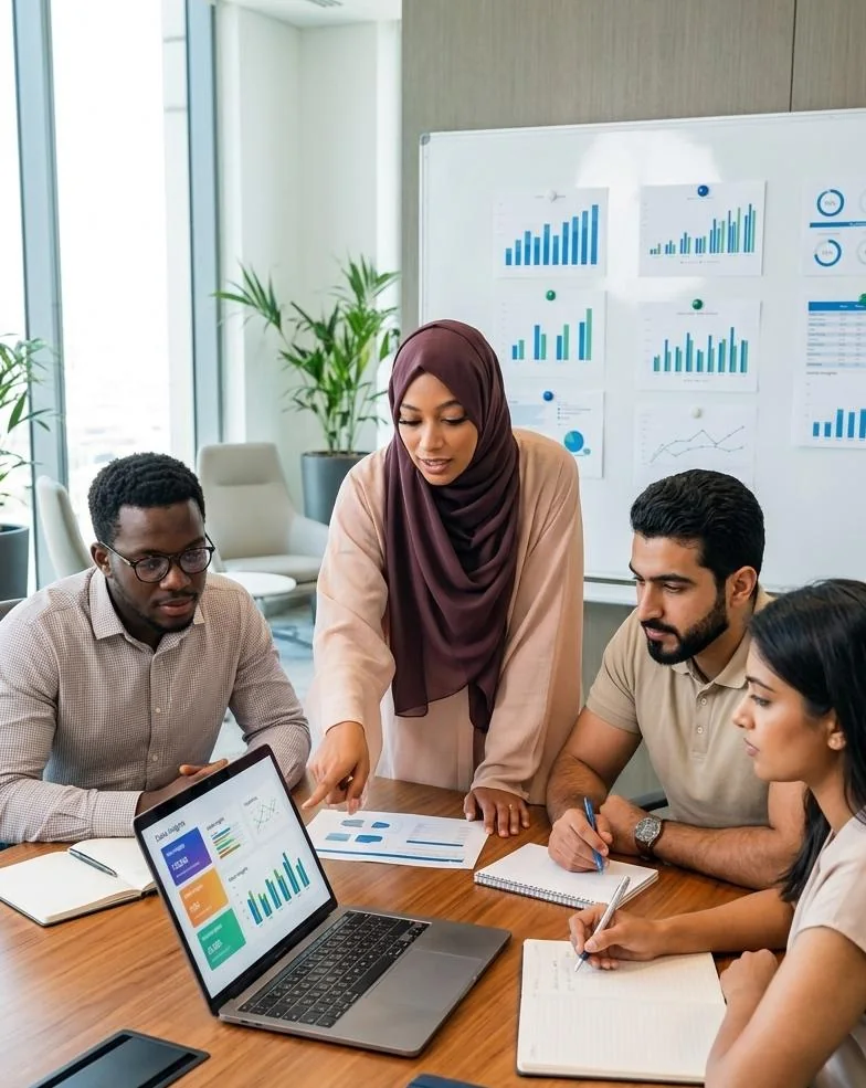 The best digital marketer in Riyadh is with her team members. They are discussing about their new project and analyzing the reports that are showed by the best digital marketer in RIyadh.