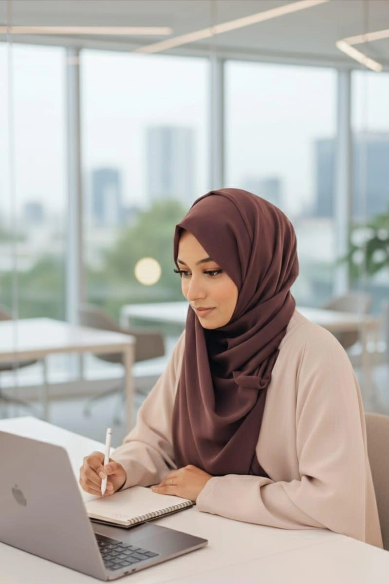 The best digital marketer in Riyadh is looking at her laptop. She is jotting down some points on her notepad with a pen. She is curious and brilliant.