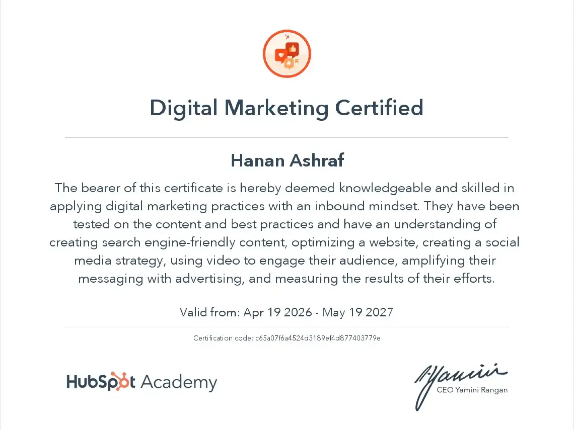 The best digital marketer in Riyadh is having her certificates from Hubspot